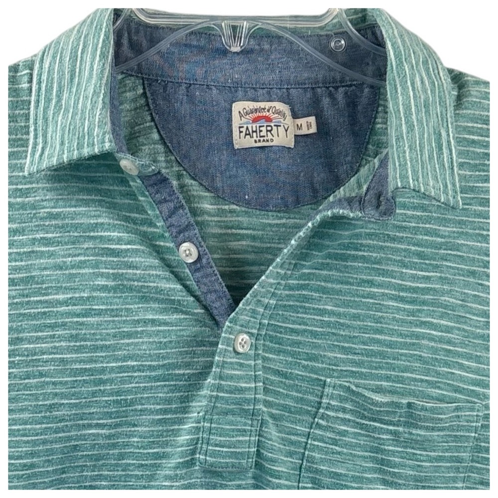 Faherty Brand Mens Medium Green Striped Short Sleeve Slub Polo Cotton Blend